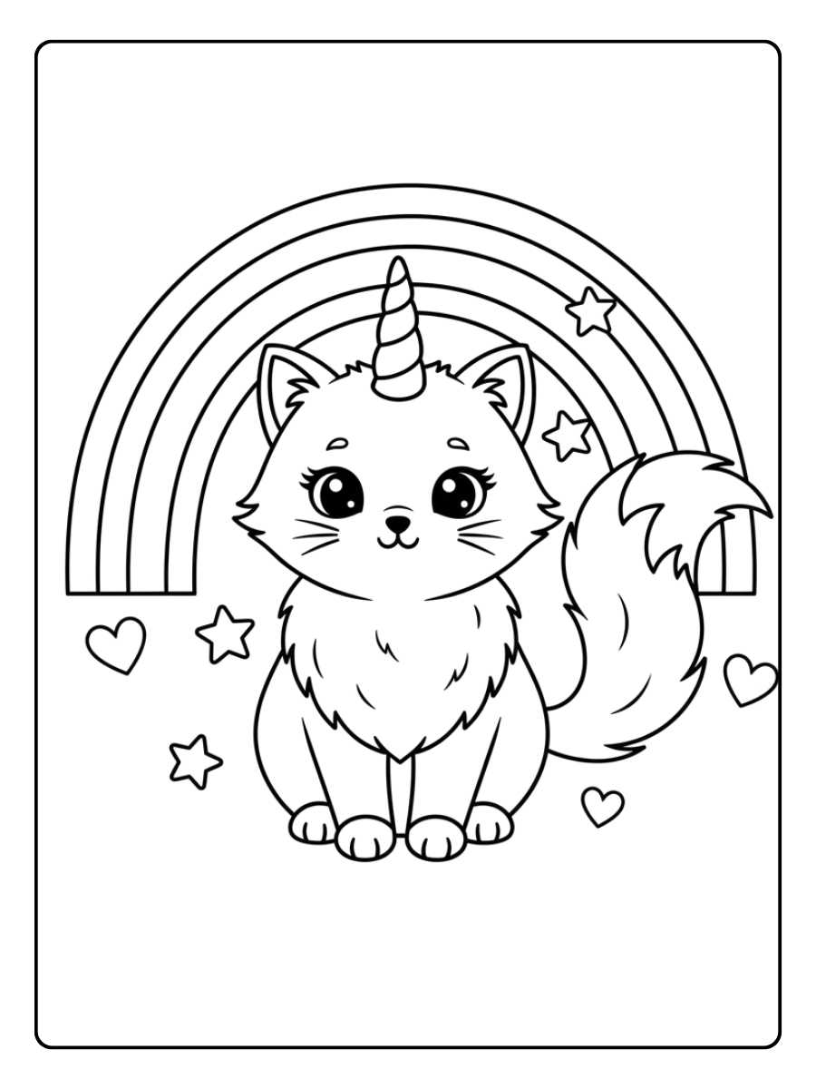 einhorn katze ausmalbild mit regenbogen