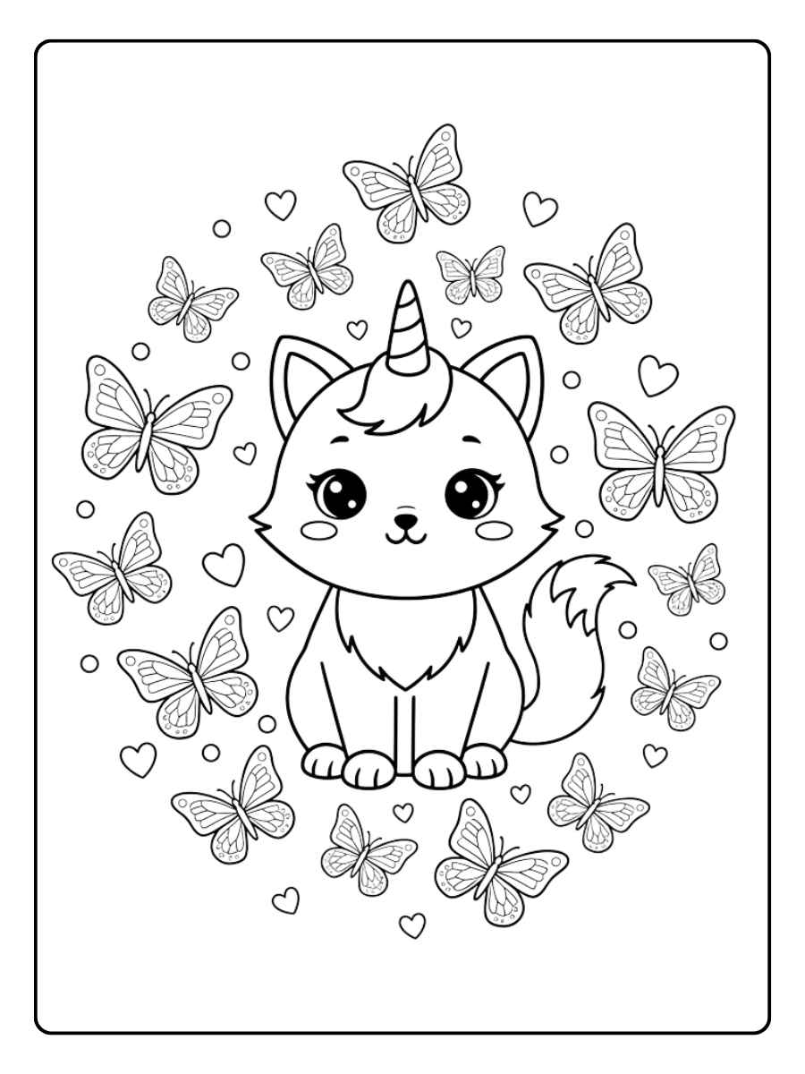 einhorn katze ausmalbild mit schmetterlingen