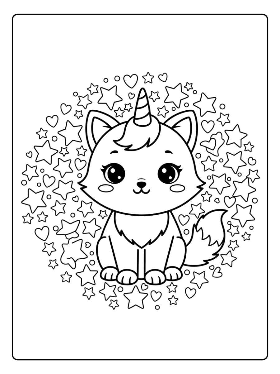einhorn katze ausmalbild mit sternen und herzen