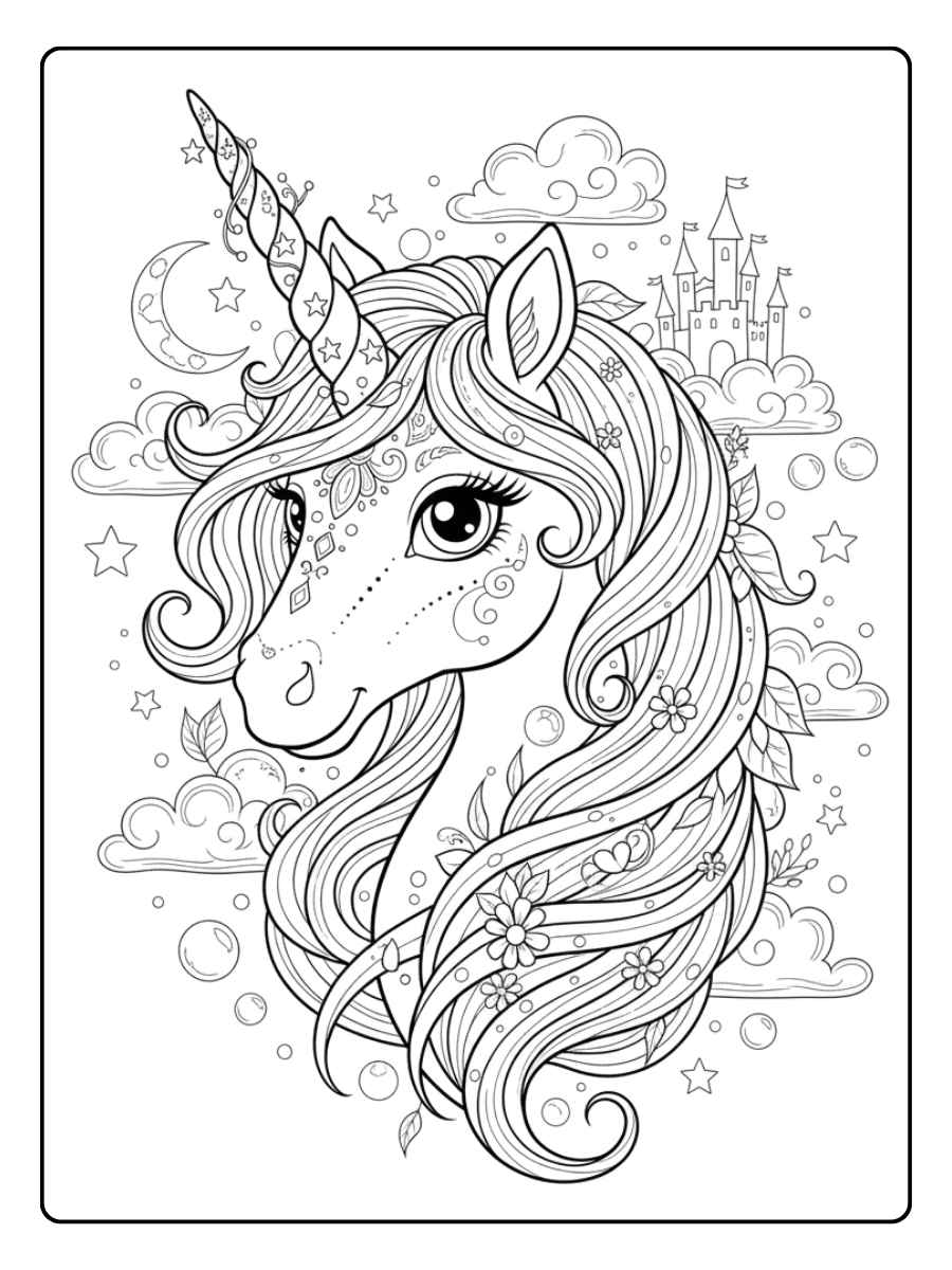 einhorn kopf ausmalbild im märchenstil