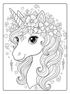einhorn kopf ausmalbild mit blumenkranz