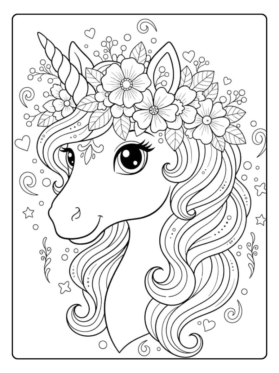einhorn kopf ausmalbild mit blumenkranz