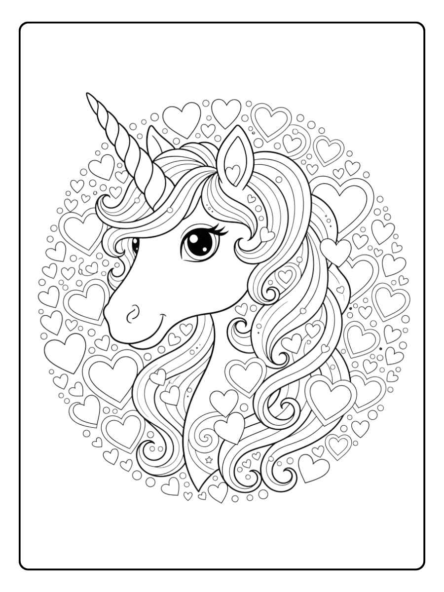 einhorn kopf ausmalbild mit herzchen