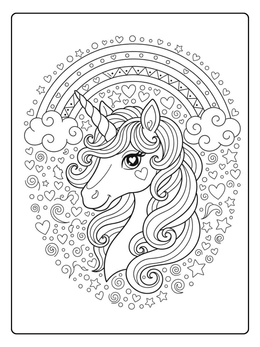 einhorn kopf ausmalbild mit regenbogen