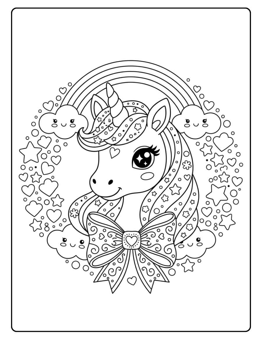 einhorn kopf ausmalbild mit schleife