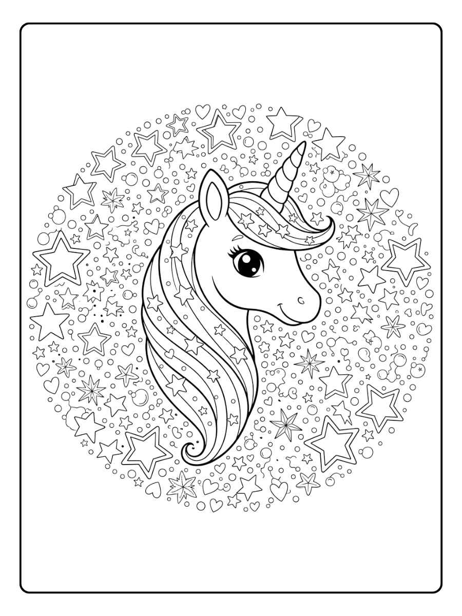 einhorn kopf ausmalbild mit sternen