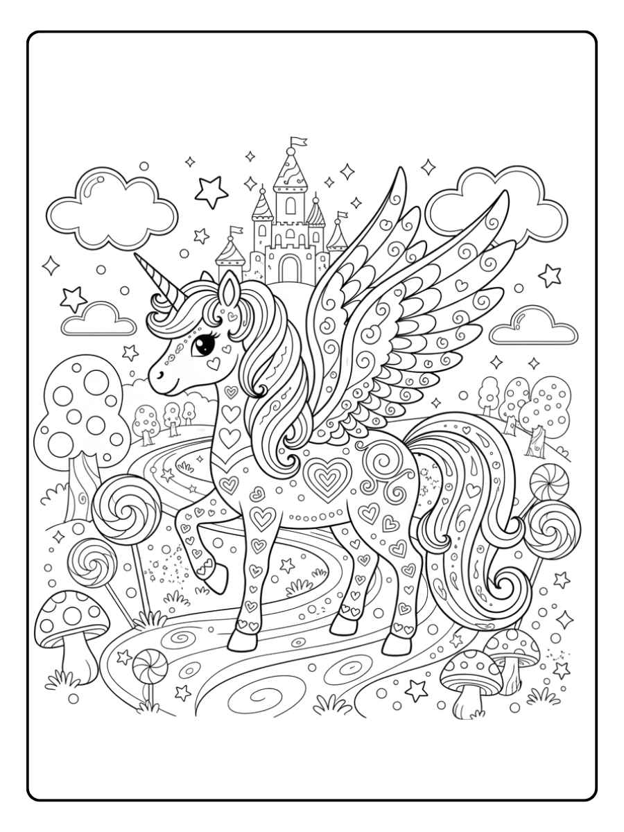 einhorn mit flügeln ausmalbild in einer zauberwelt