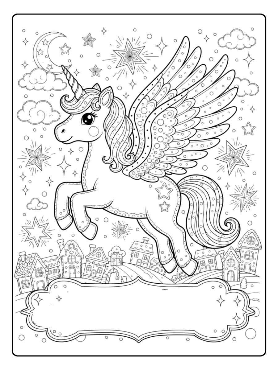 einhorn mit flügeln ausmalbild mit funkelnden sternen