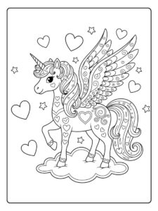 einhorn mit flügeln ausmalbild mit herzmotiv für mädchen