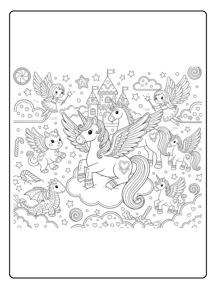 einhorn mit flügeln ausmalbild zusammen mit pegasus und freunden