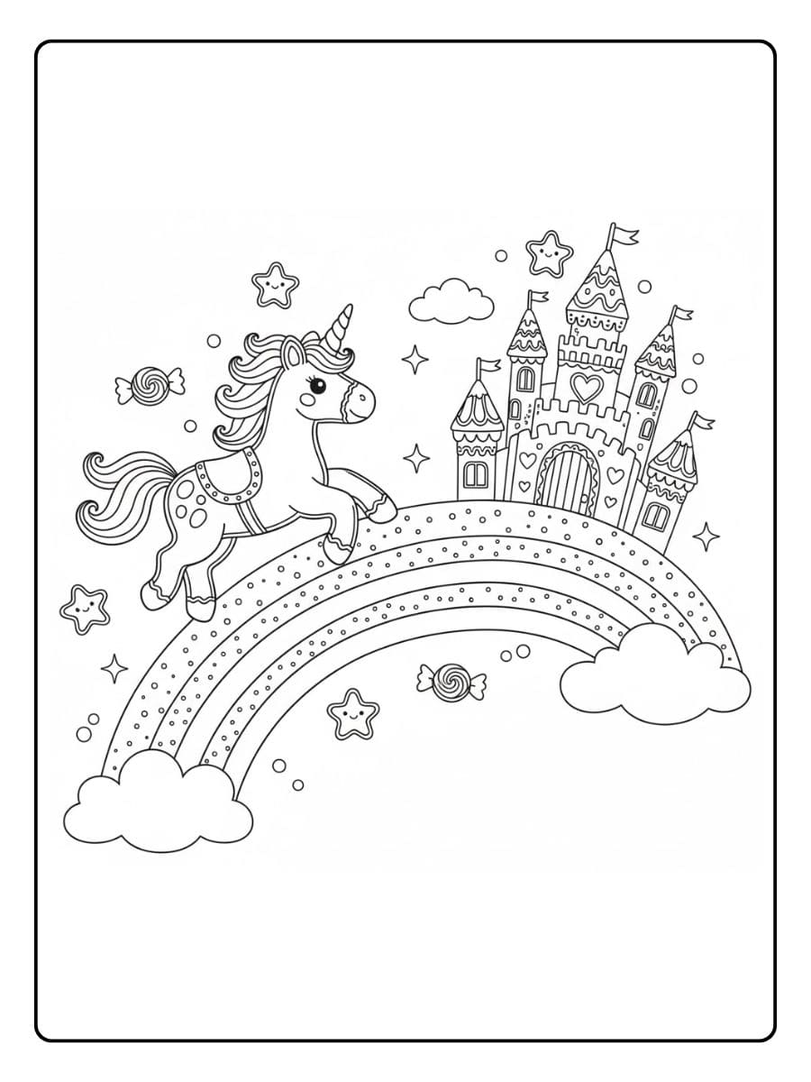 einhorn reitet über einen regenbogen zum schloss