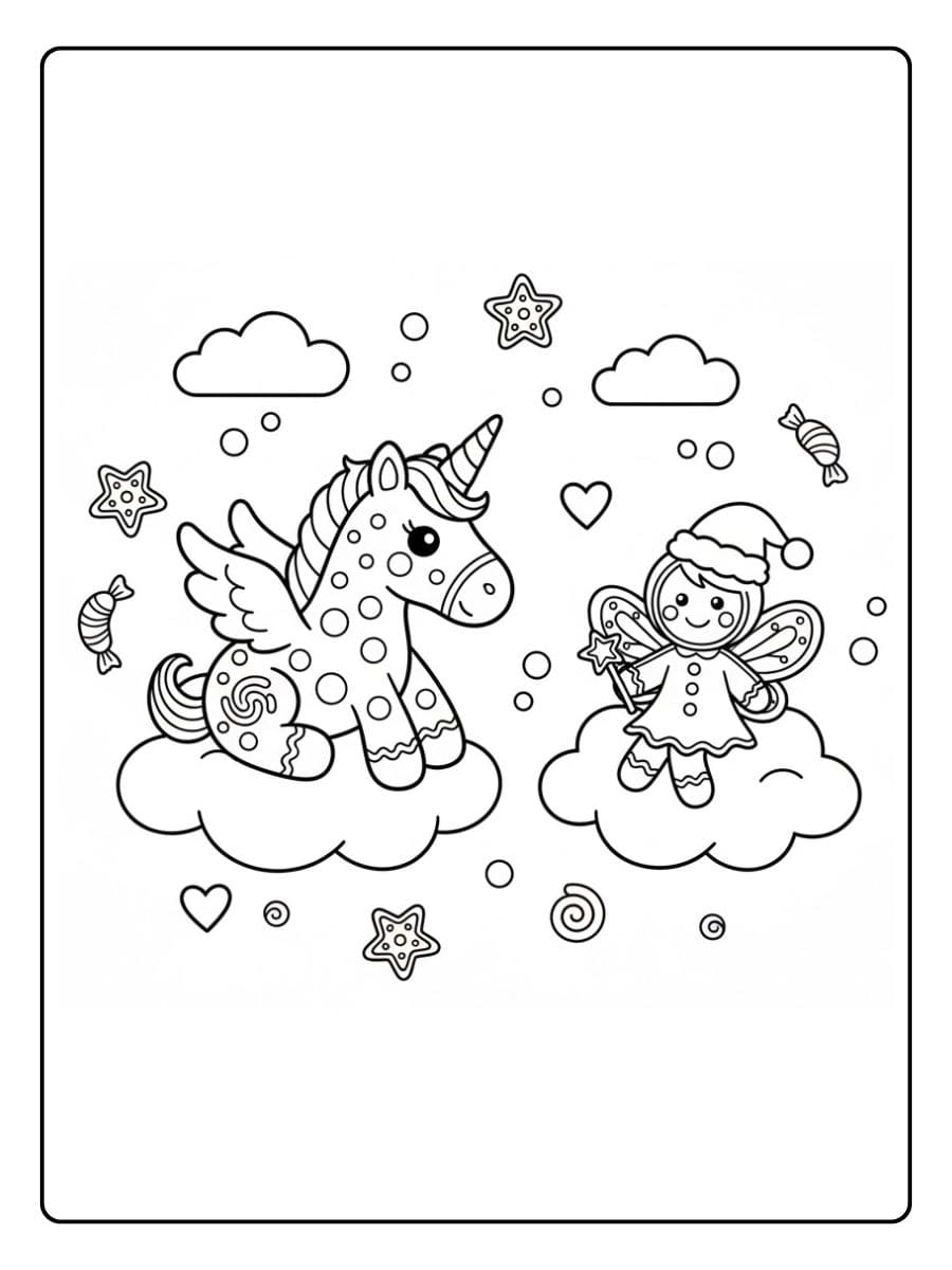 einhorn und fee auf schwebenden wolken