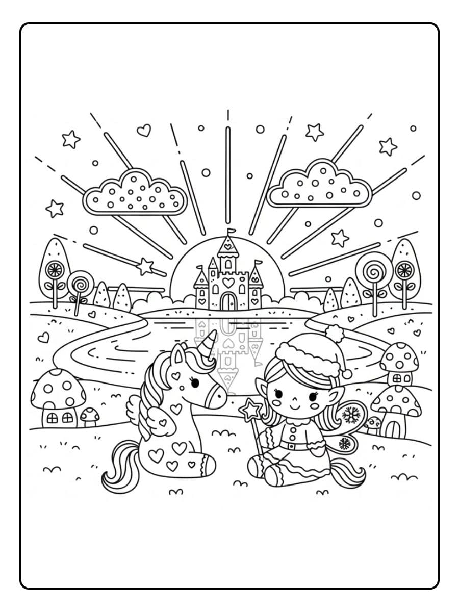 einhorn und fee beim magischen sonnenaufgang