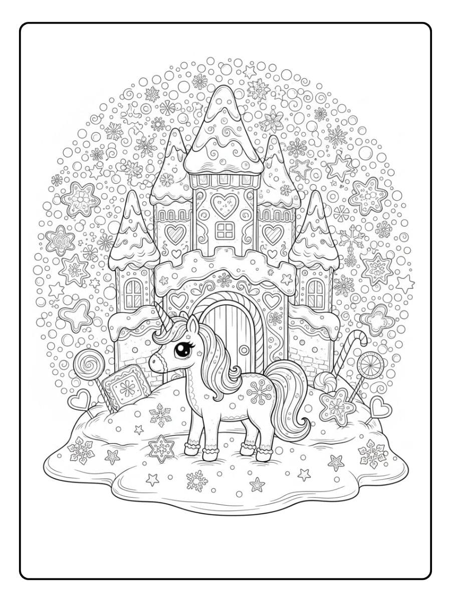 einhorn vor verschneitem winter schloss