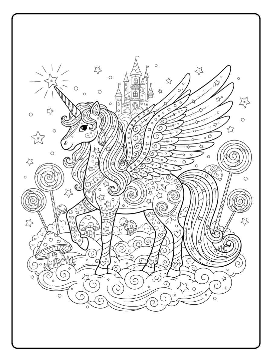 glitzerndes einhorn mit flügeln ausmalbild als fantasiewesen