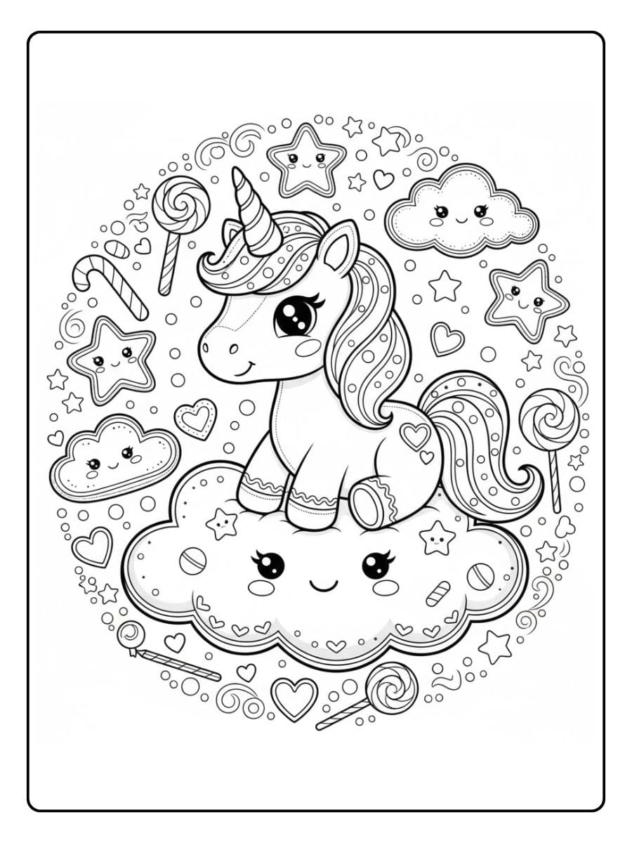 kawaii ausmalbild einhorn auf wolken