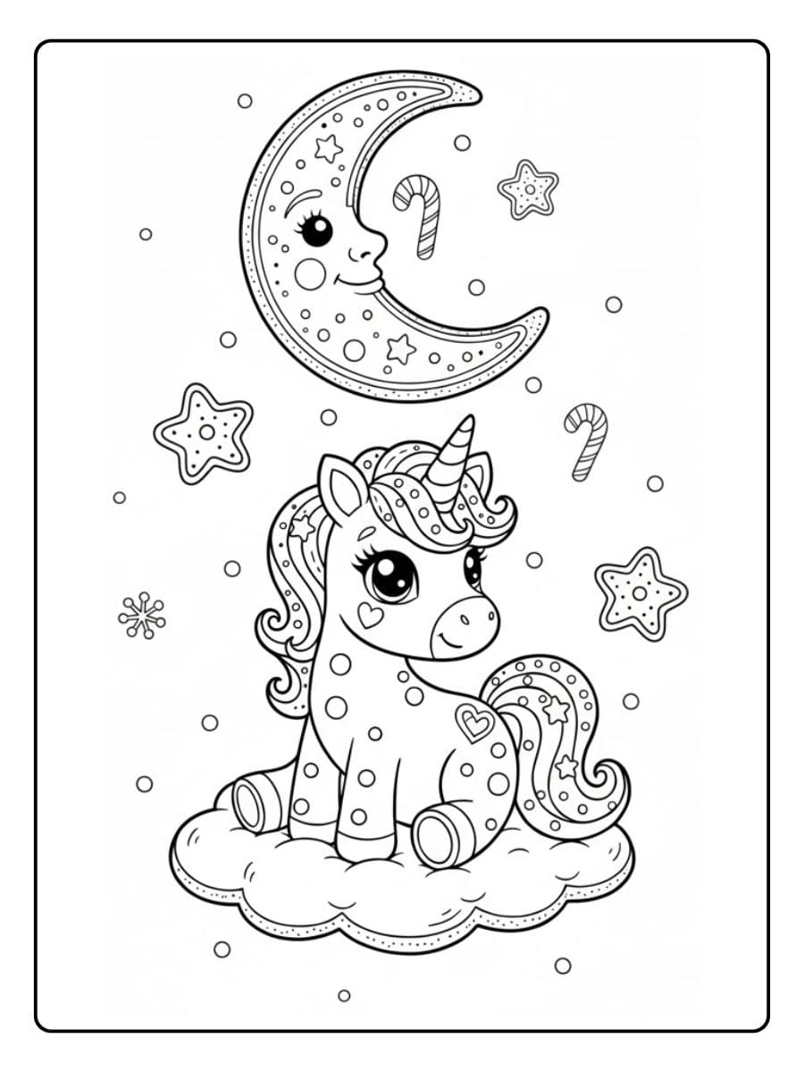 kawaii ausmalbild einhorn im mondschein