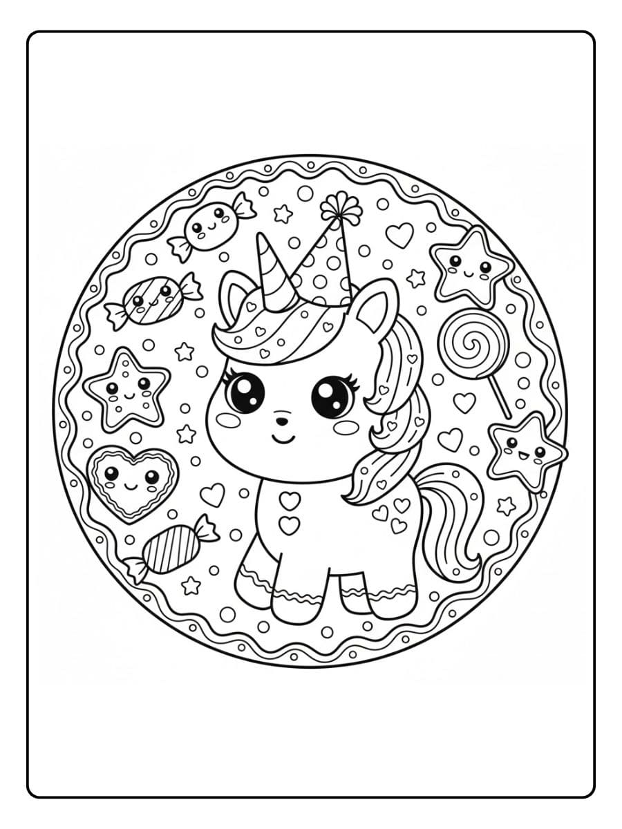 kawaii ausmalbild einhorn im partyhut