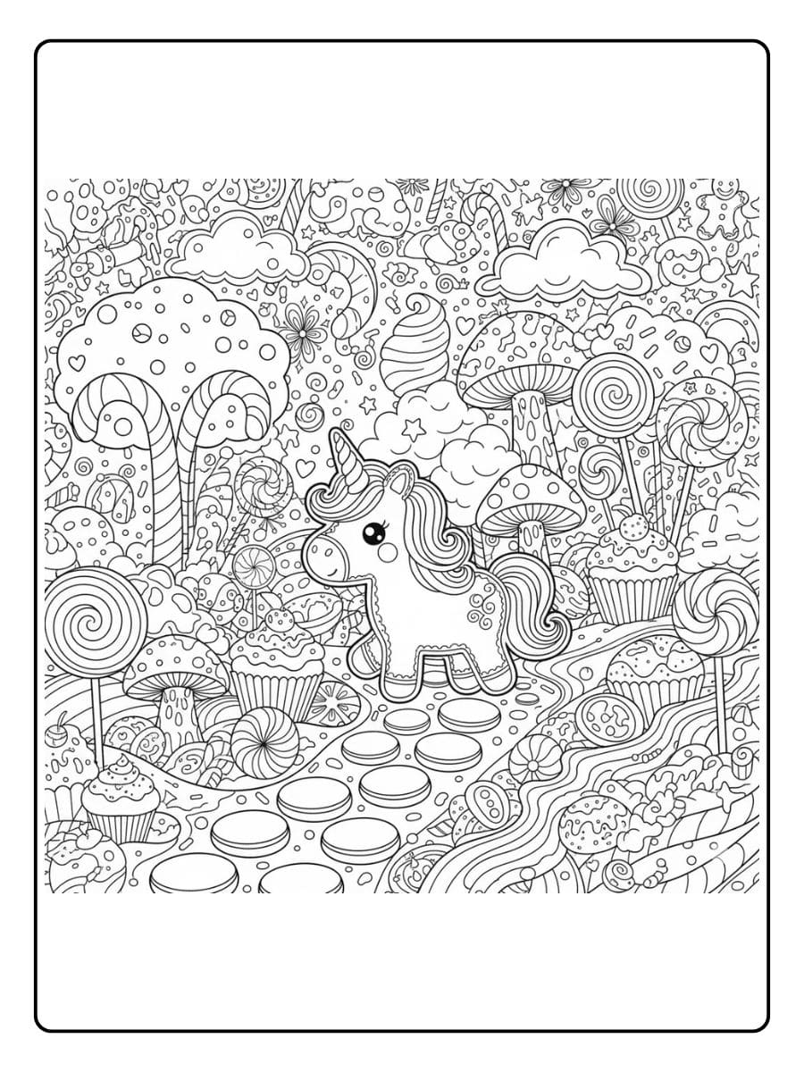 kawaii ausmalbild einhorn im süßigkeitenland