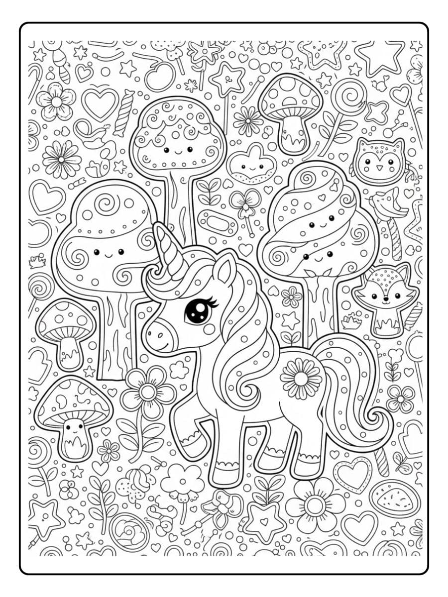 kawaii ausmalbild einhorn im zauberwald