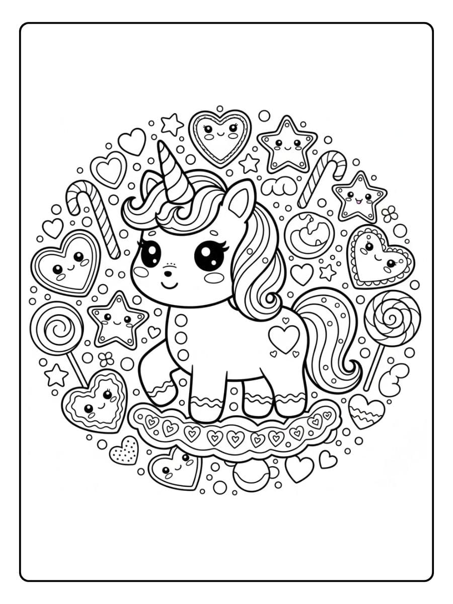 kawaii ausmalbild einhorn mit herzchen