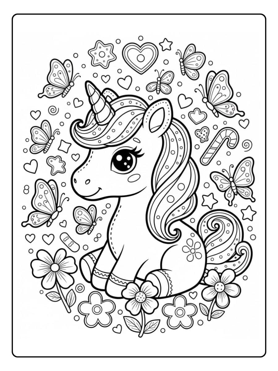 kawaii ausmalbild einhorn mit schmetterlingen