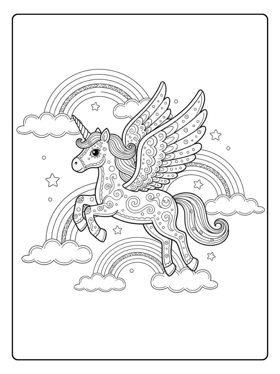 magisches einhorn mit flügeln ausmalbild im regenbogenhimmel