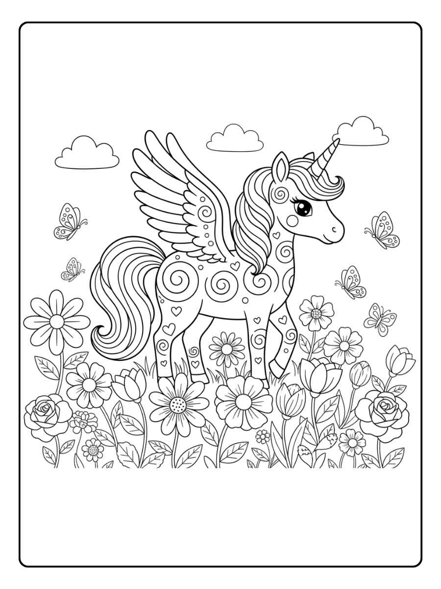 niedliches einhorn mit flügeln ausmalbild mit blumen und schmetterlingen