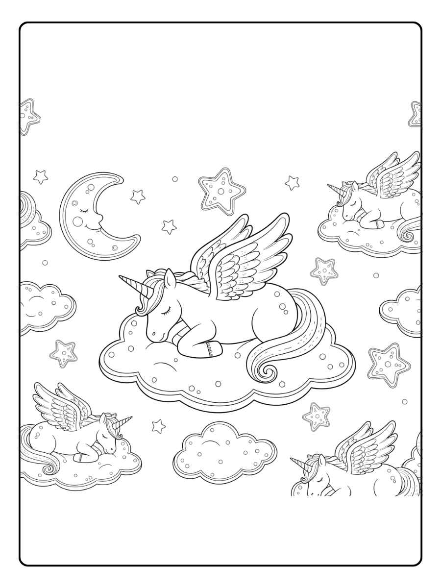 schlafendes einhorn mit flügeln ausmalbild für die gute nacht zeit