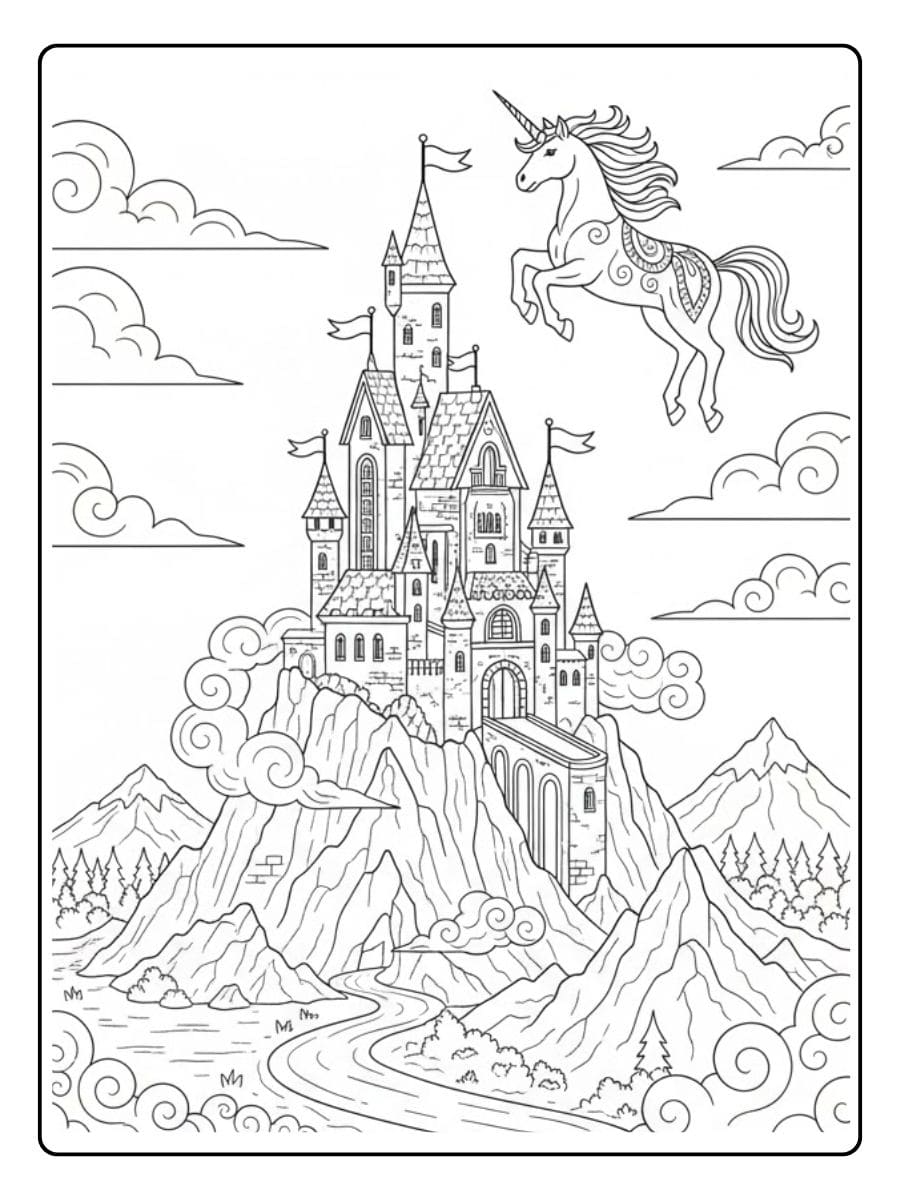 schloss auf einem berg mit fliegendem einhorn