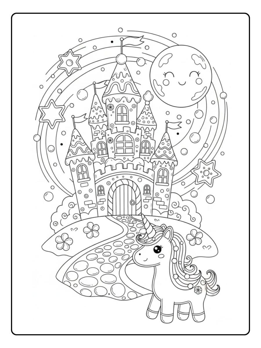 schloss in der mondnacht mit einhorn