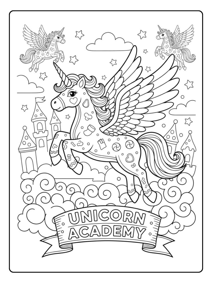 unicorn academy ausmalbilder mit fliegenden einhörnern