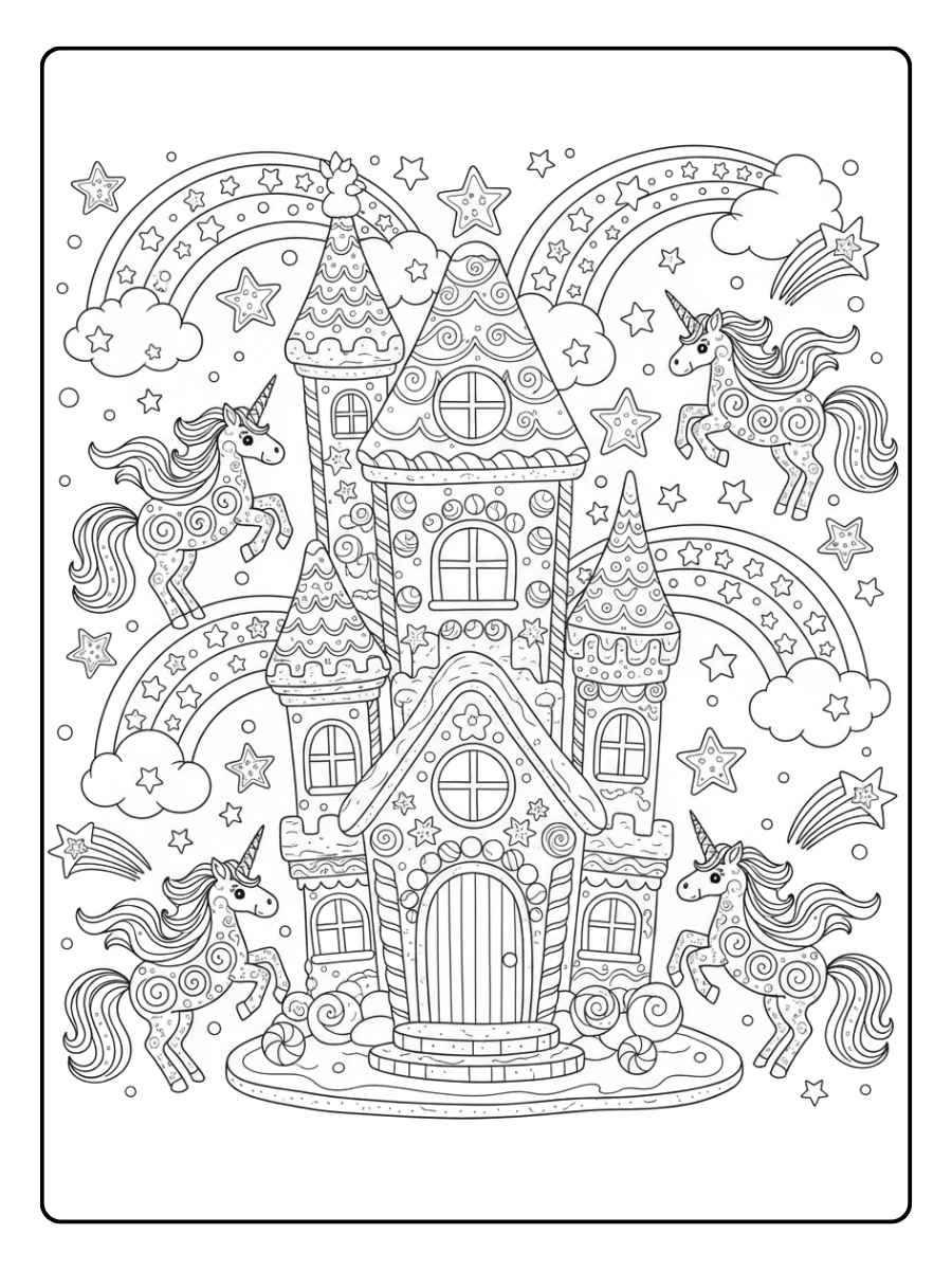 unicorn academy ausmalbilder mit funkelnden sternen und regenbogen