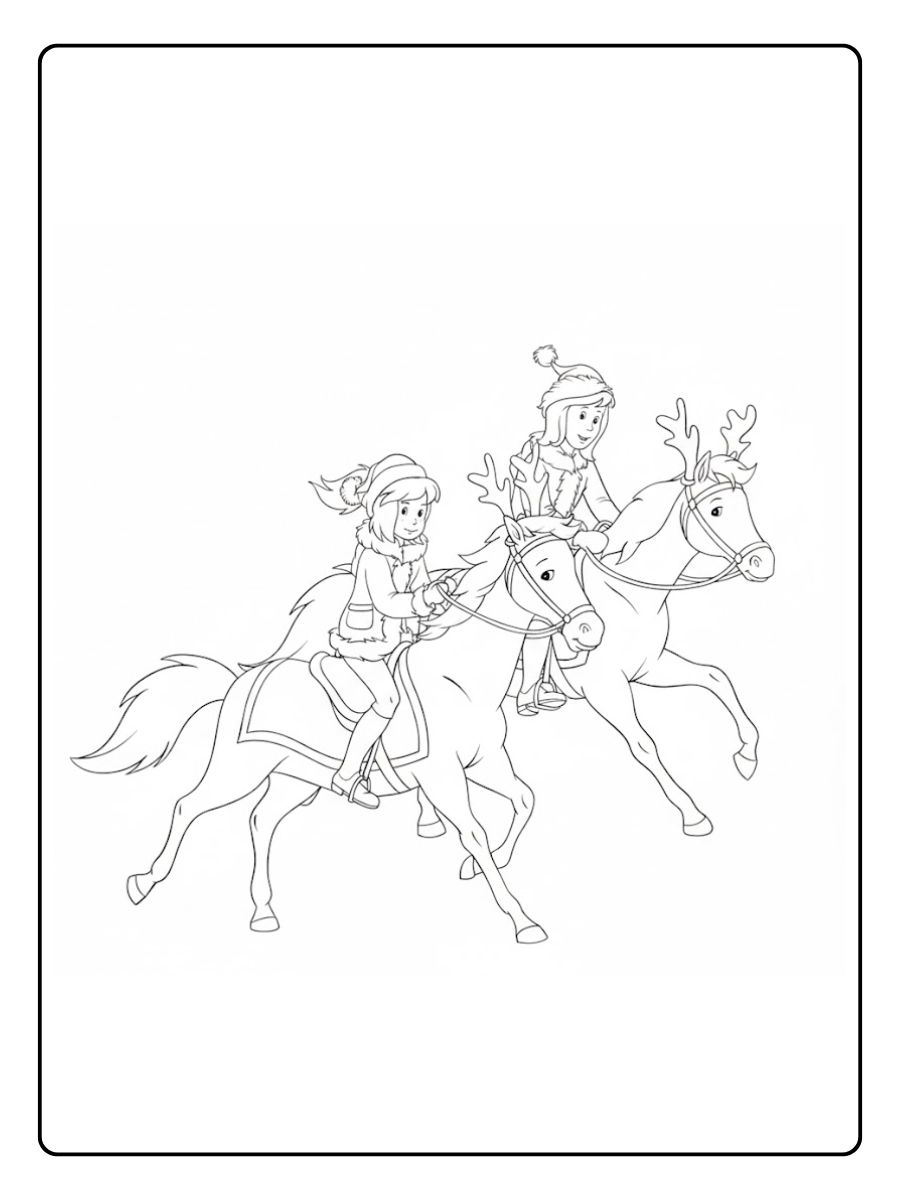 Ausmalbild Bibi und Tina Weihnachten Reiten im Schnee