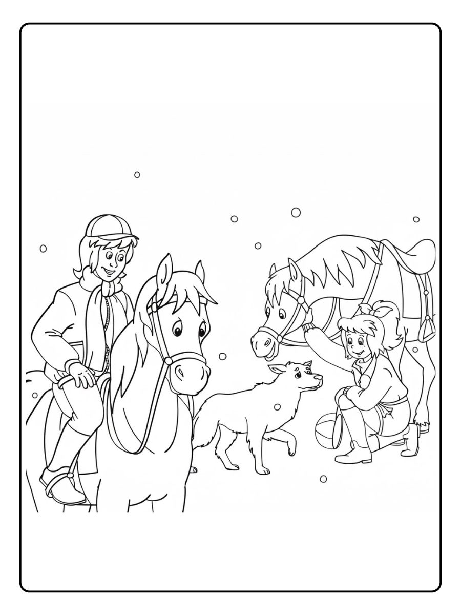 Ausmalbild Bibi und Tina Weihnachten Reiterhof im Schnee
