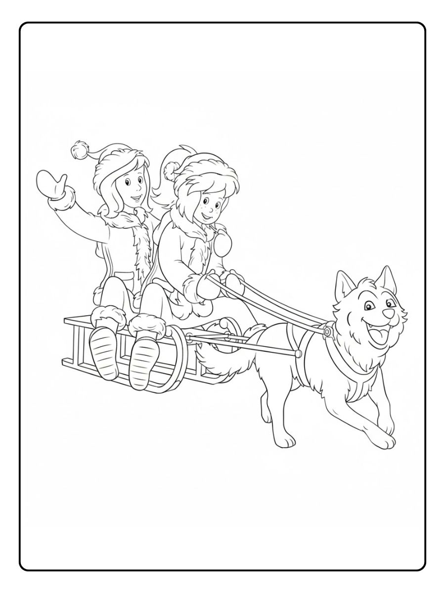 Ausmalbild Bibi und Tina Weihnachten Schlittenfahrt mit Hund
