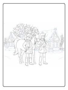 Ausmalbild Bibi und Tina Weihnachten mit Pferd auf dem Martinshof
