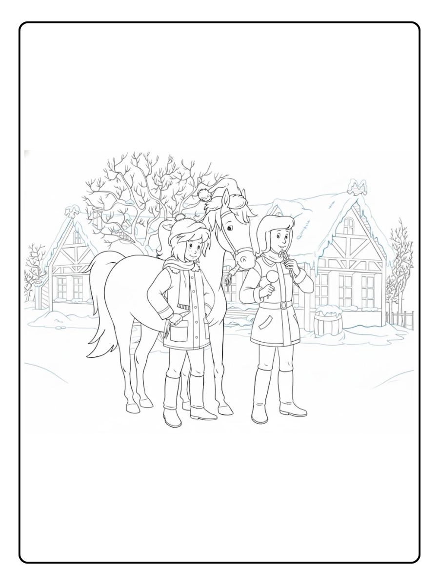 Ausmalbild Bibi und Tina Weihnachten mit Pferd auf dem Martinshof