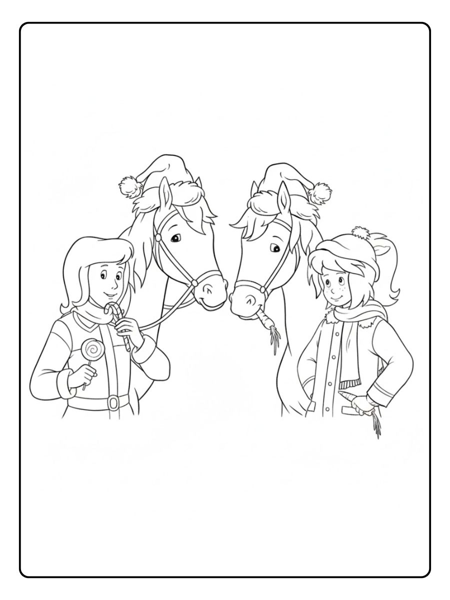 Ausmalbild Bibi und Tina Weihnachten mit ihren Pferden
