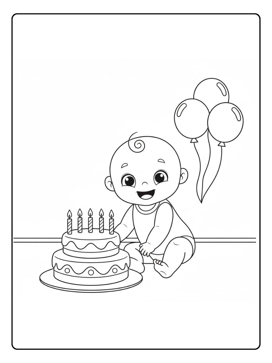 Ausmalbild Geburtstag Fröhliches Baby mit Torte (1)
