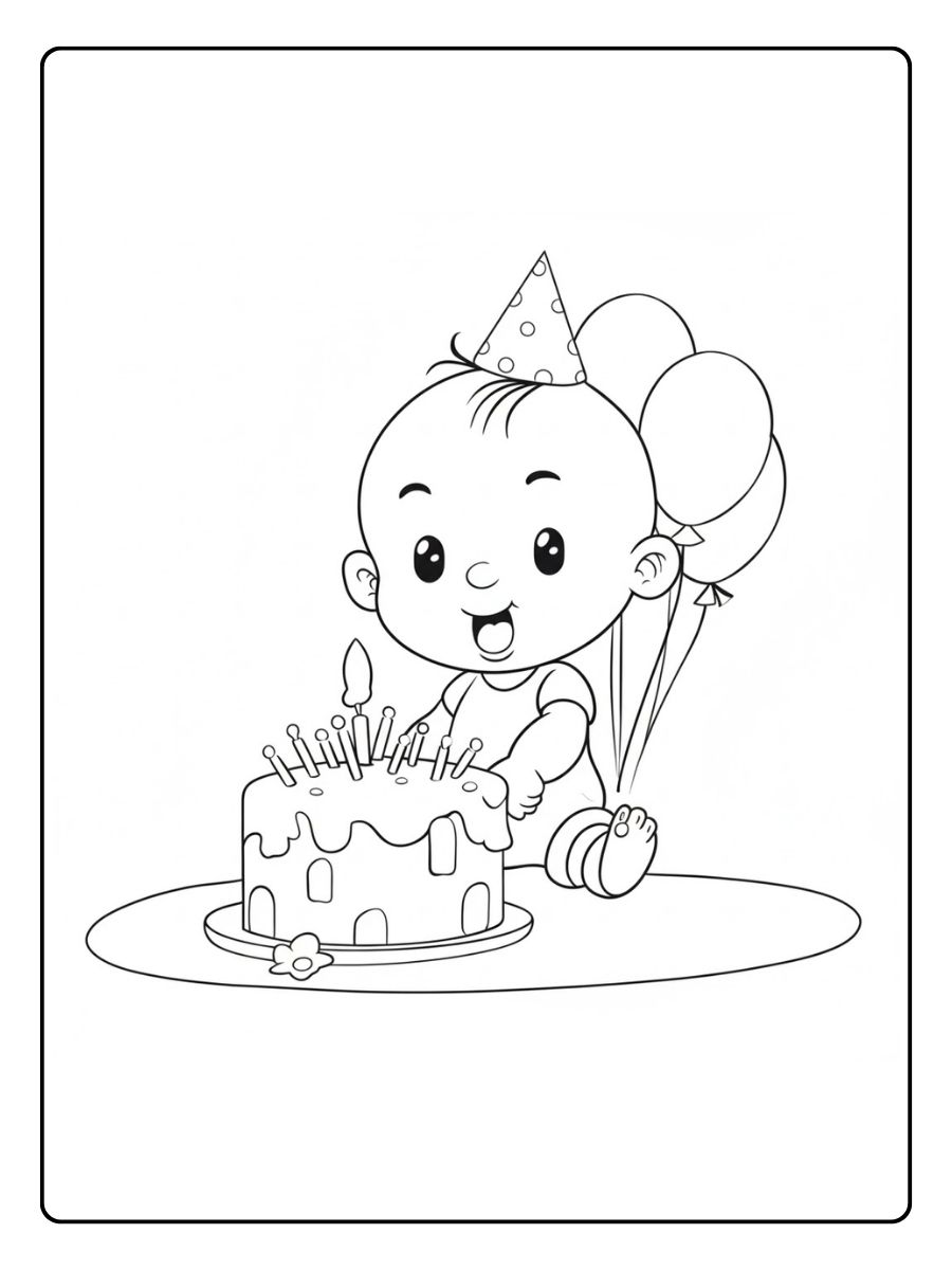 Ausmalbild Geburtstag Fröhliches Baby mit Torte