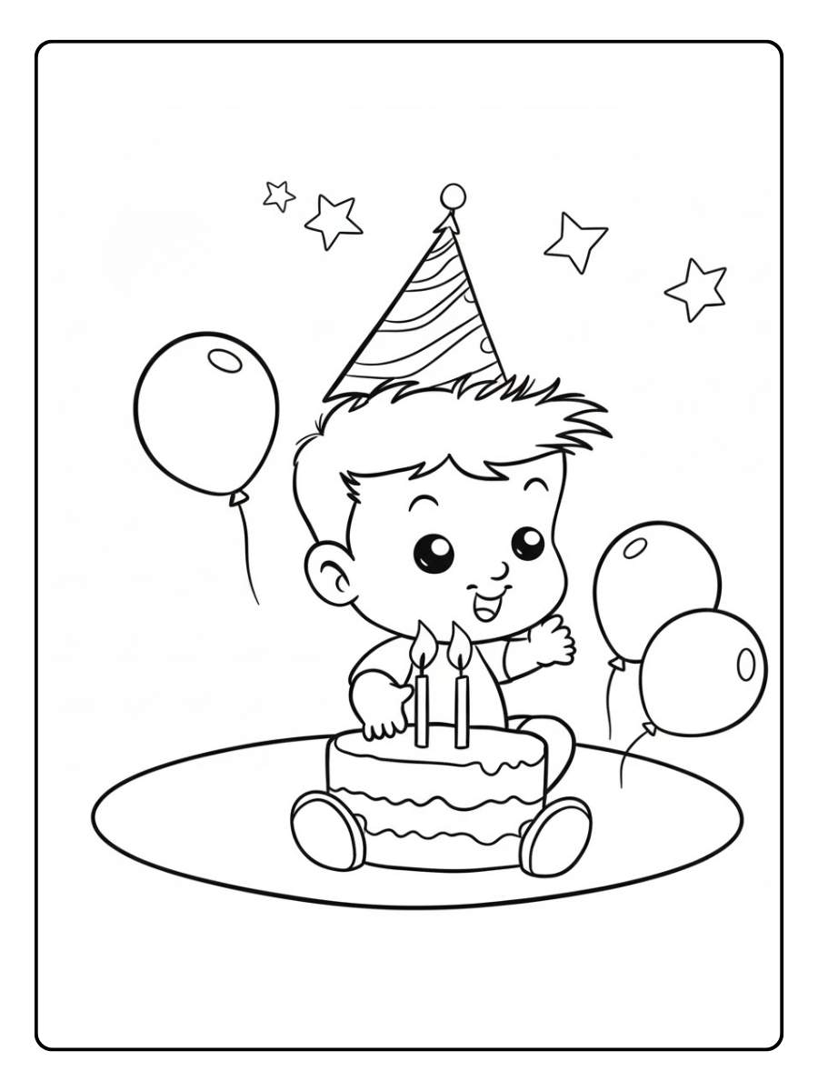 Ausmalbild Geburtstag Kleines Baby und festliche Torte