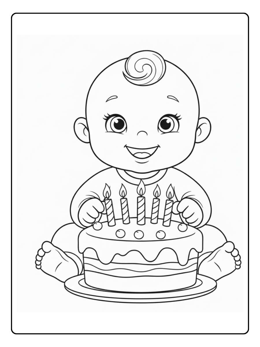 Ausmalbild Geburtstag Süßes Baby mit Geburtstagstorte