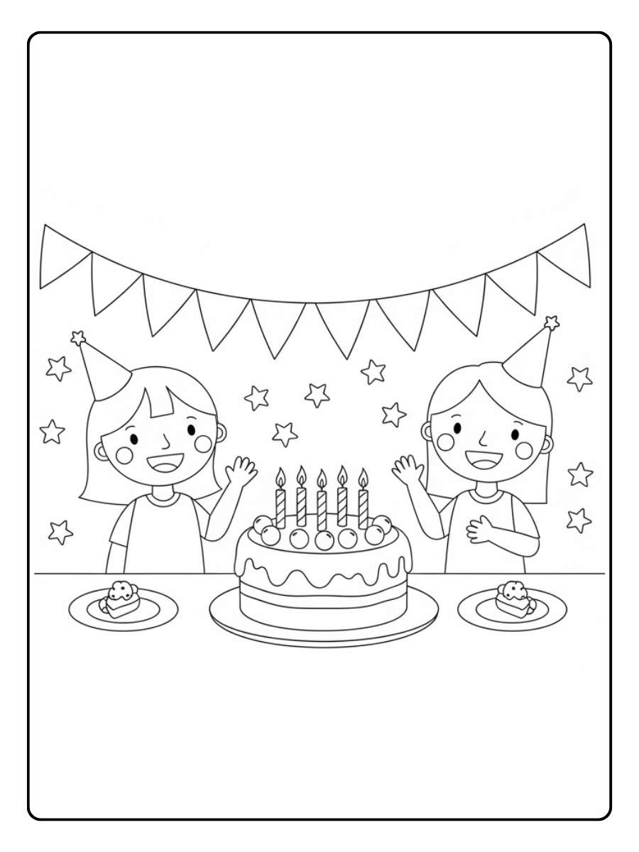 Ein schönes Ausmalbild Geburtstag mit den Mädchen